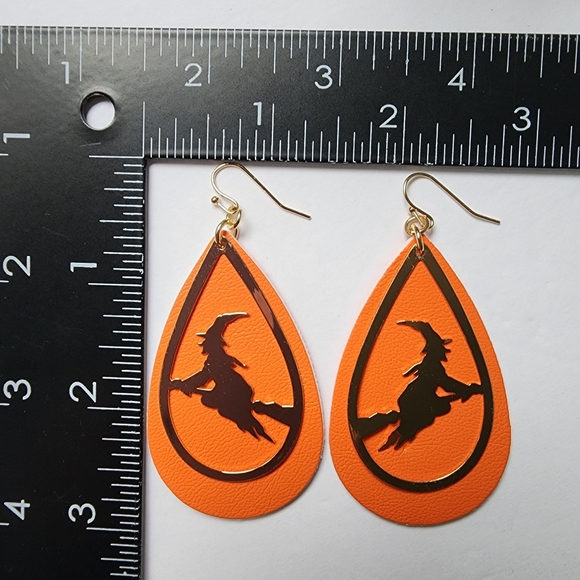 Orange Teardrop Earrings with Gold Witch on Broom Silhouette - Picture 5 of 5